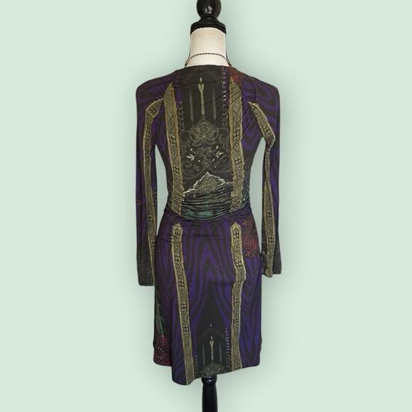 Etro Italy Purple Green Multi Paisley Long Sleeve V-Neck Dress sz 42 M US 6 - Picture 12 of 14